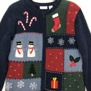 Craft & Barrow Ugly‎ Christmas Sweater Women's L Zip Up Snowman Candy Cane